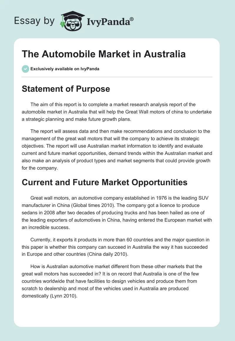 The Automobile Market in Australia. Page 1