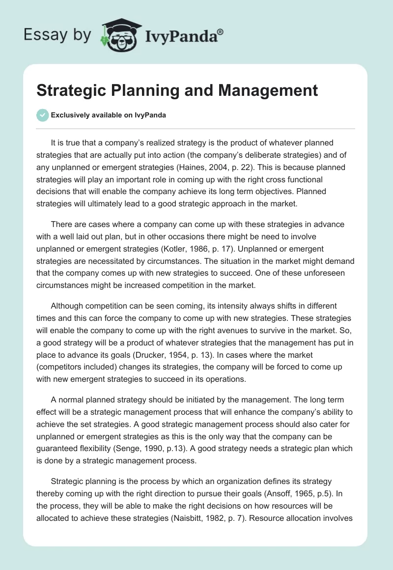 Strategic Planning and Management. Page 1