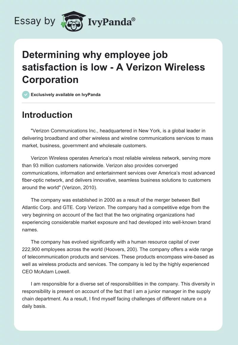 Determining Why Employee Job Satisfaction Is Low - A Verizon Wireless Corporation. Page 1