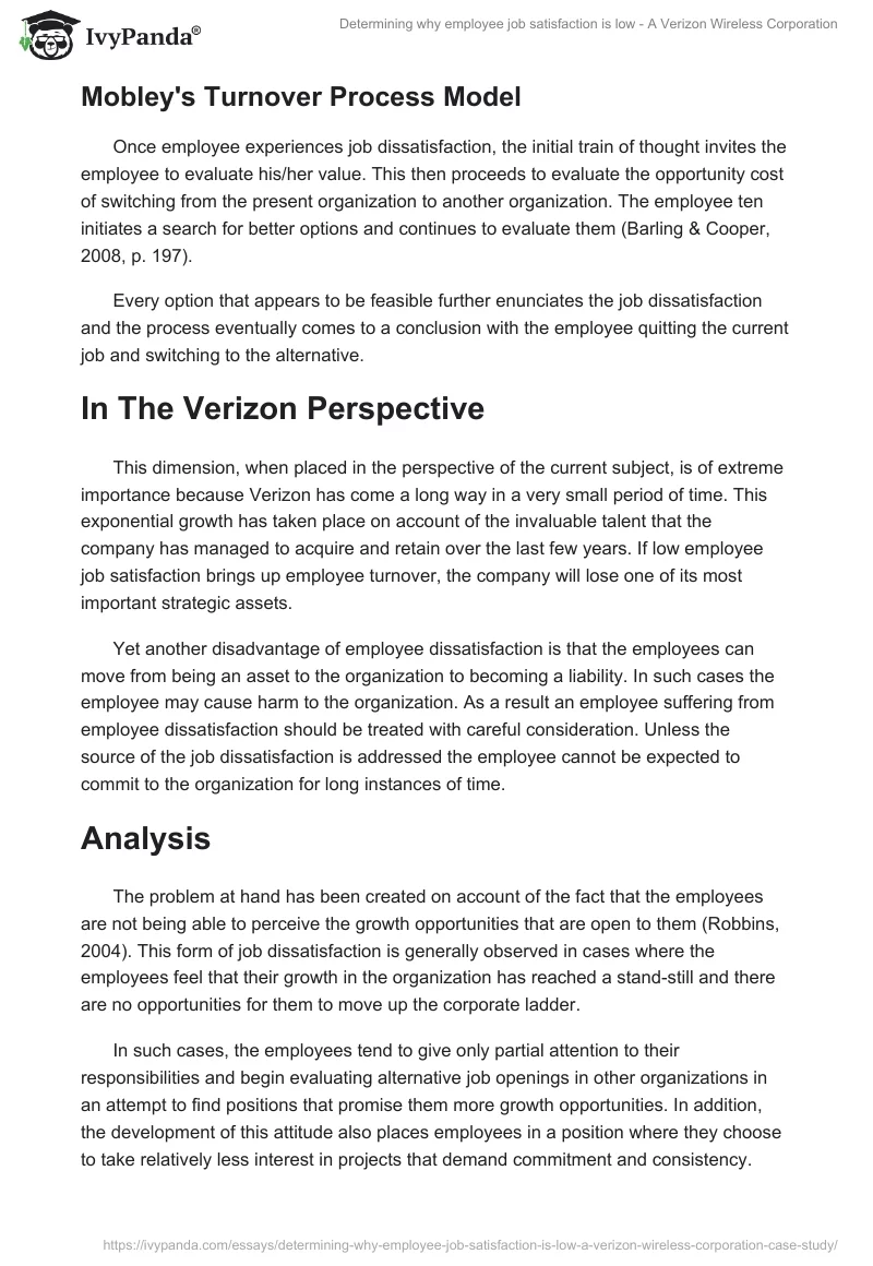 Determining Why Employee Job Satisfaction Is Low - A Verizon Wireless Corporation. Page 5