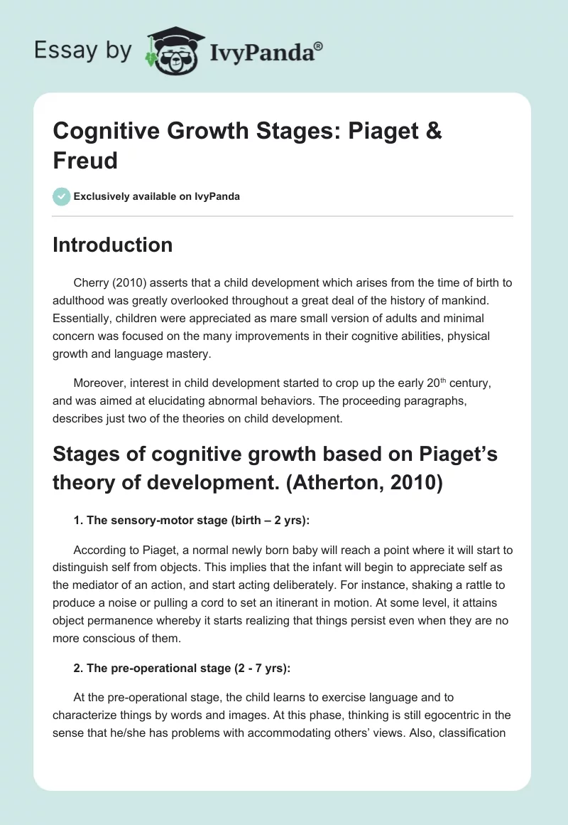Cognitive Growth Stages: Piaget & Freud. Page 1