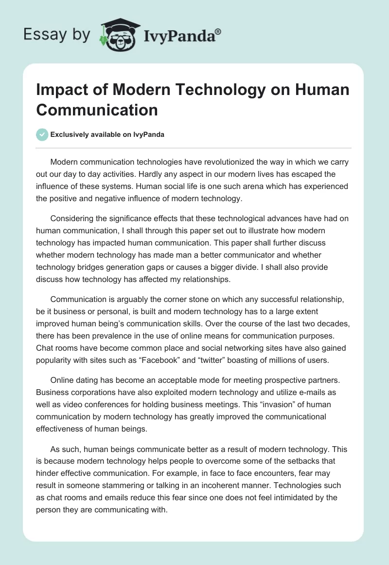 Impact of Modern Technology on Human Communication. Page 1