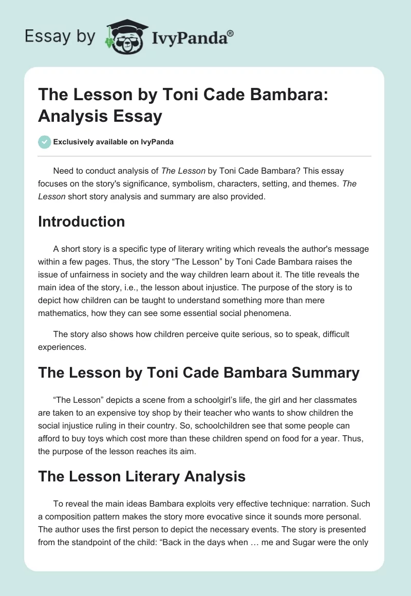 The Lesson by Toni Cade Bambara: Analysis Essay. Page 1