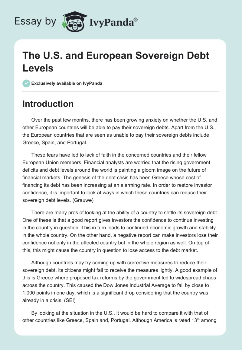 The U.S. and European Sovereign Debt Levels. Page 1