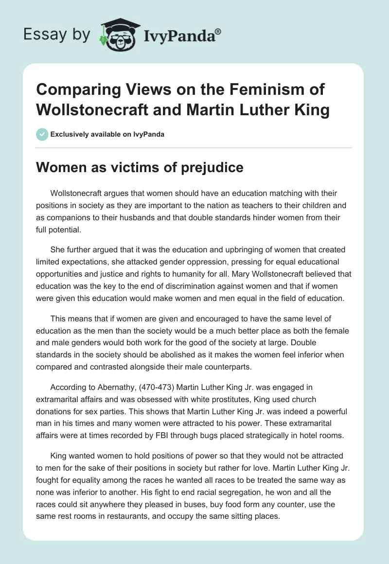 Comparing Views on the Feminism of Wollstonecraft and Martin Luther King. Page 1