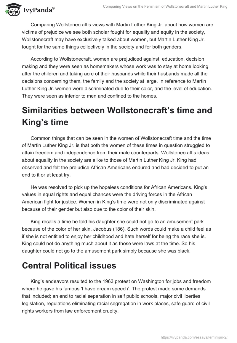 Comparing Views on the Feminism of Wollstonecraft and Martin Luther King. Page 2