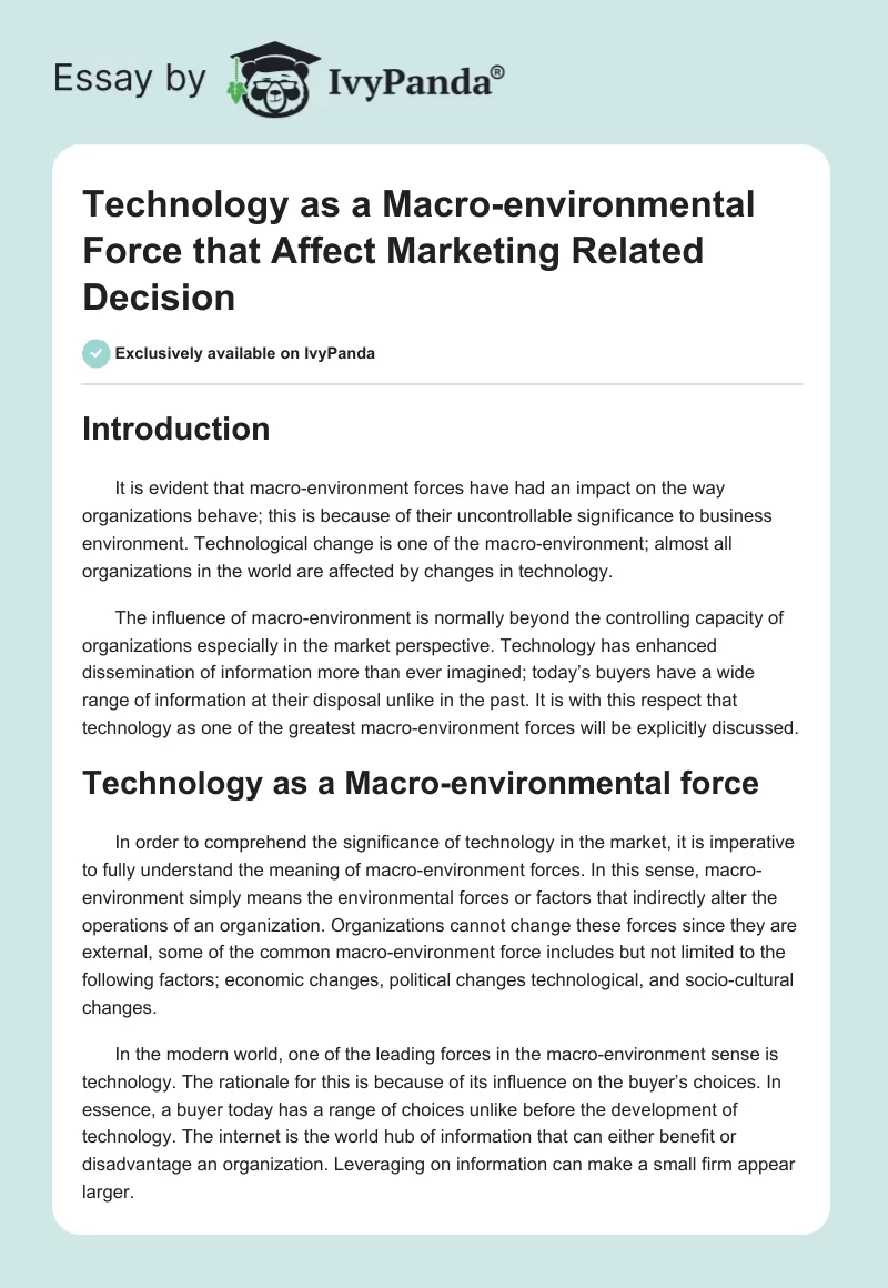 Technology as a Macro-environmental Force that Affect Marketing Related Decision. Page 1