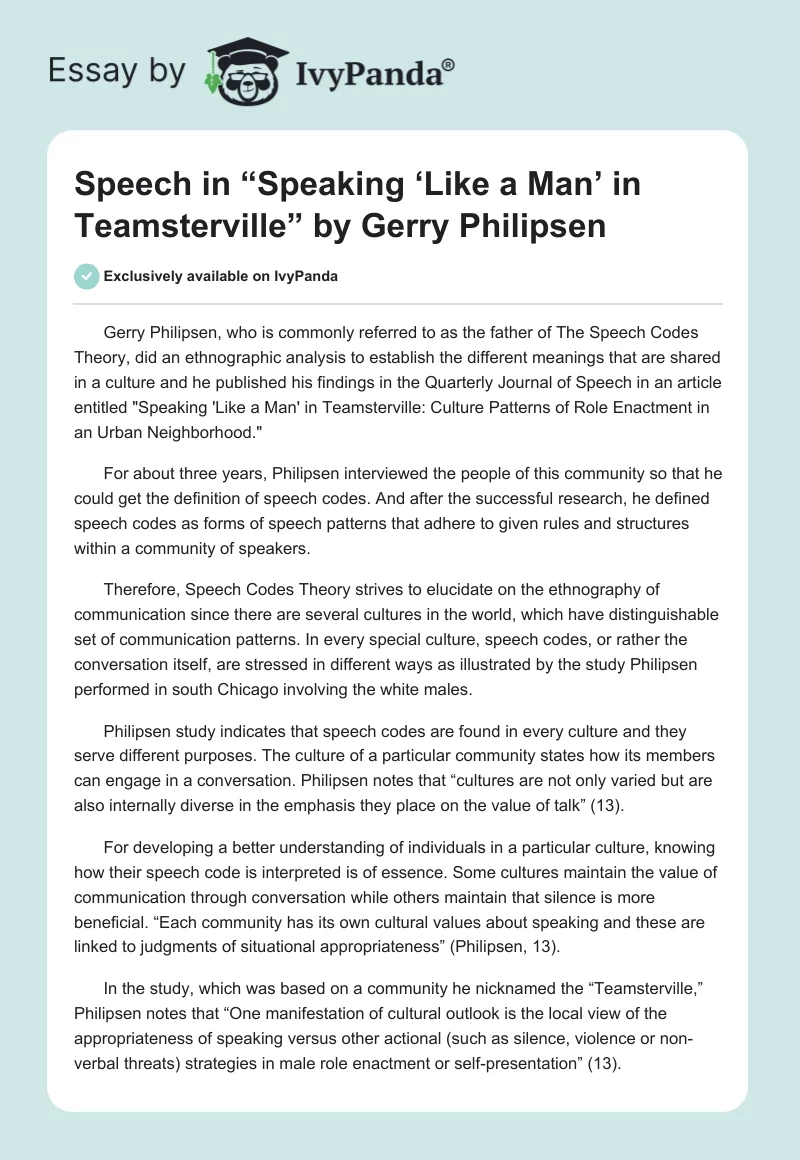 Speech in “Speaking ‘Like a Man’ in Teamsterville” by Gerry Philipsen. Page 1