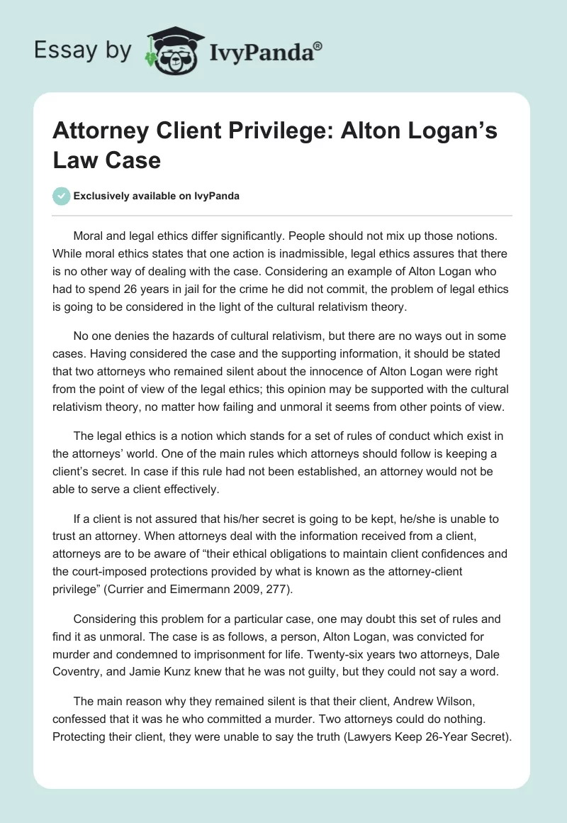 Attorney Client Privilege: Alton Logan’s Law Case. Page 1