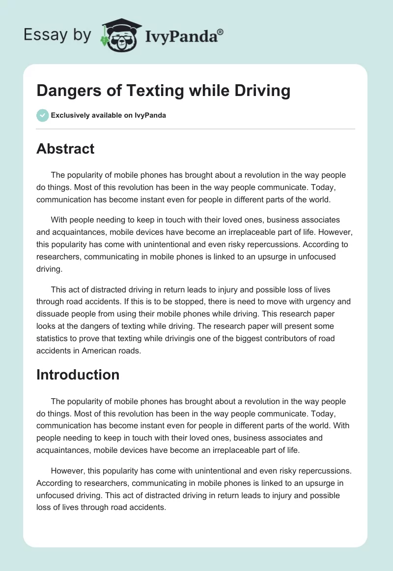 Dangers of Texting while Driving. Page 1