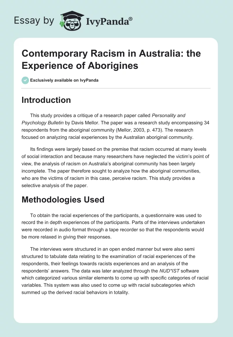Contemporary Racism in Australia: the Experience of Aborigines. Page 1