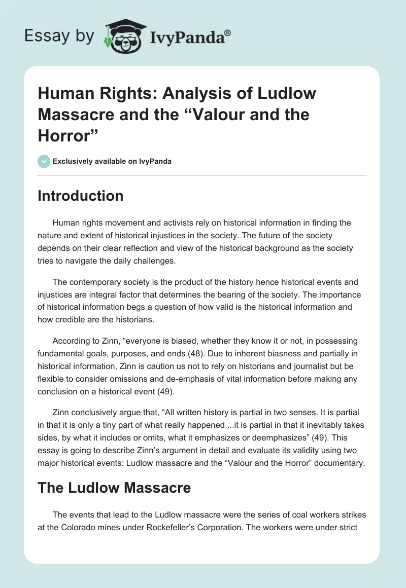 Human Rights: Analysis of Ludlow Massacre and the “Valour and the Horror”. Page 1