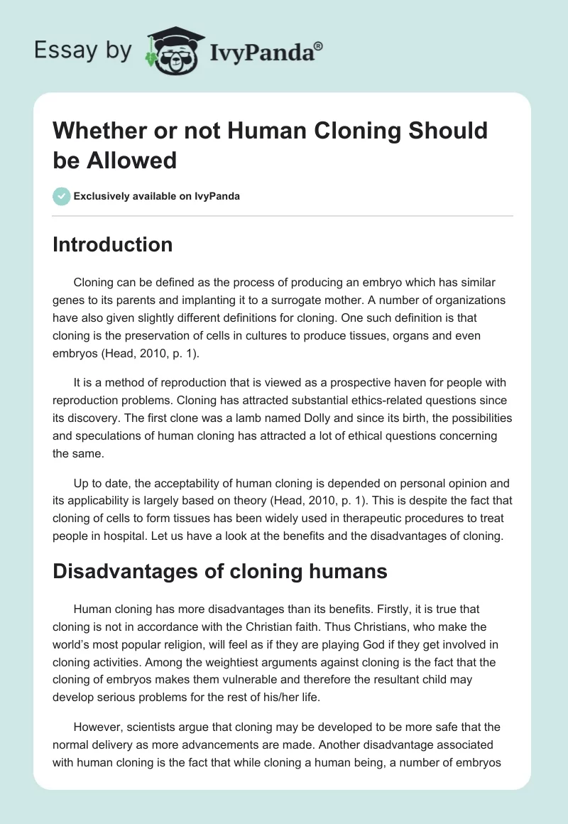 Whether or Not Human Cloning Should Be Allowed. Page 1