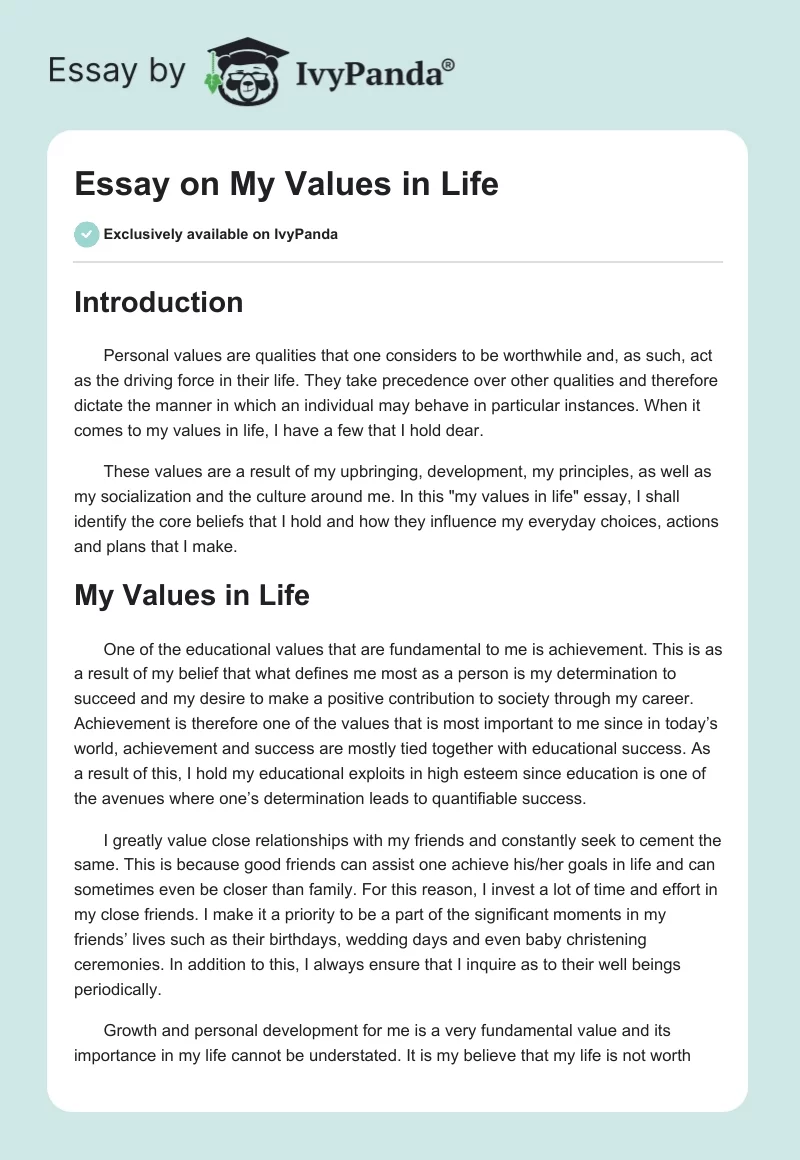 essay on my values in life