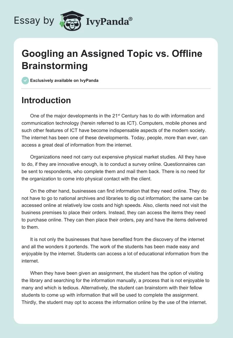 Googling an Assigned Topic vs. Offline Brainstorming. Page 1