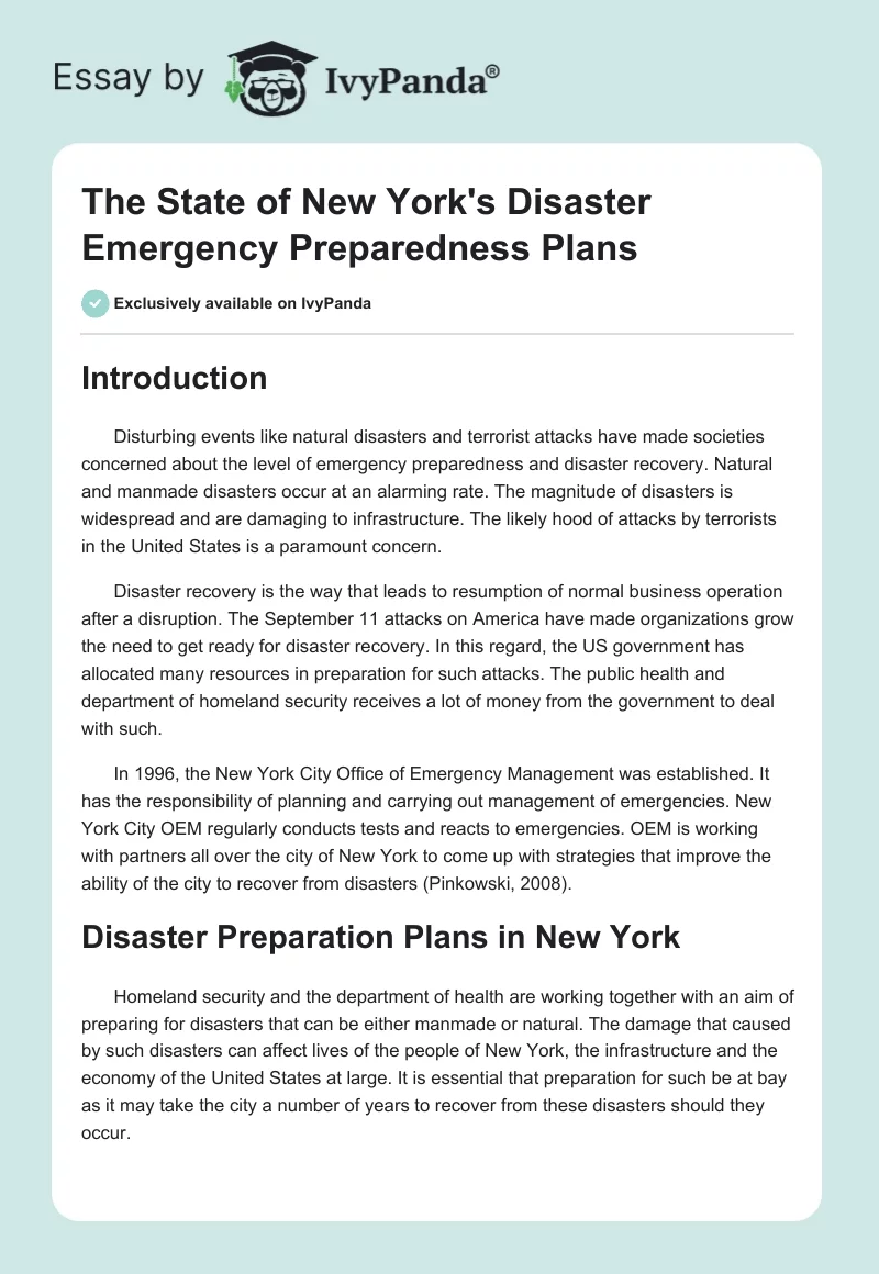 The State of New York's Disaster Emergency Preparedness Plans. Page 1
