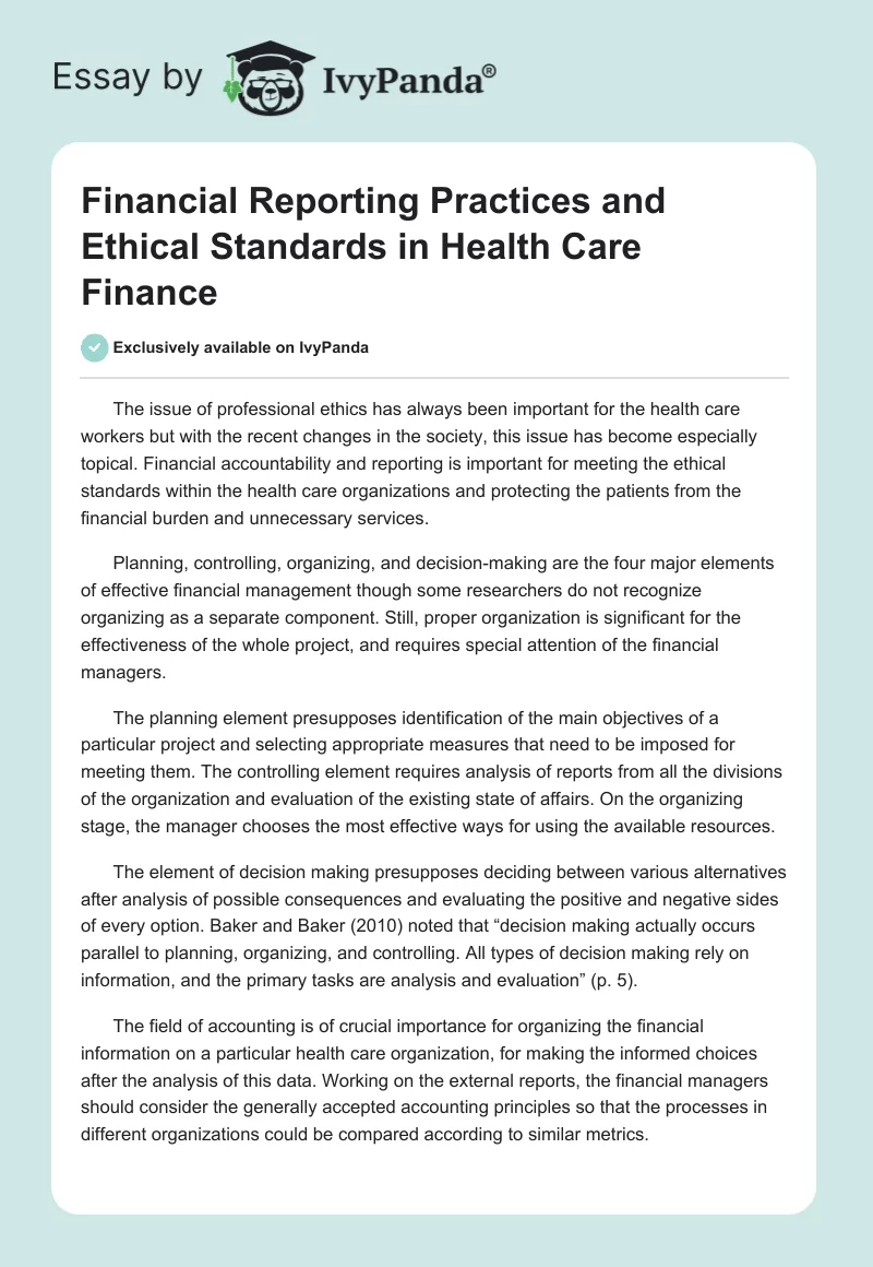 Financial Reporting Practices and Ethical Standards in Health Care Finance. Page 1