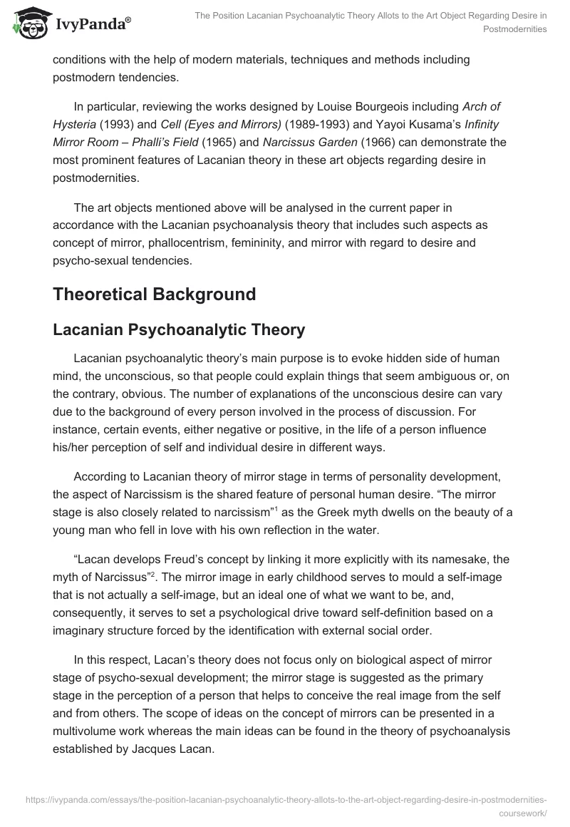 The Position Lacanian Psychoanalytic Theory Allots to the Art Object Regarding Desire in Postmodernities. Page 2