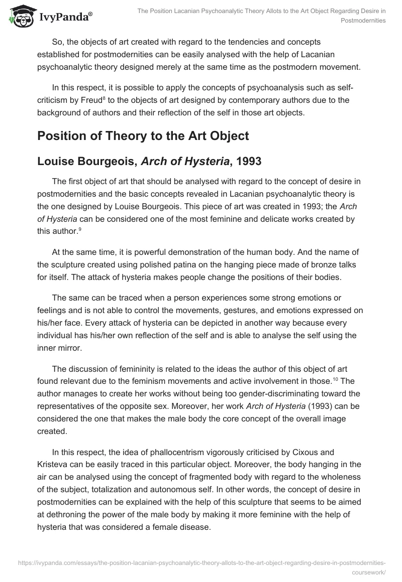 The Position Lacanian Psychoanalytic Theory Allots to the Art Object Regarding Desire in Postmodernities. Page 5