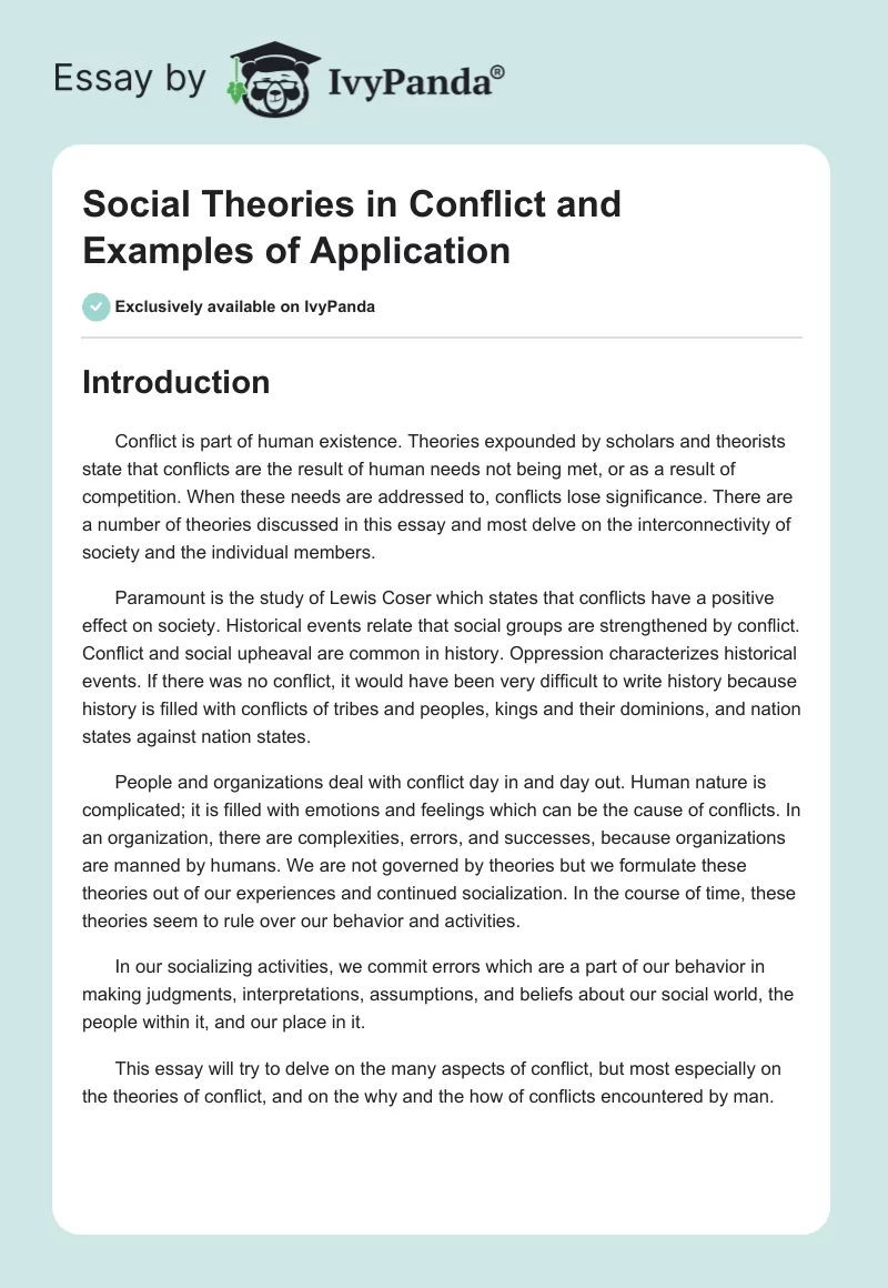 Social Theories in Conflict and Examples of Application. Page 1