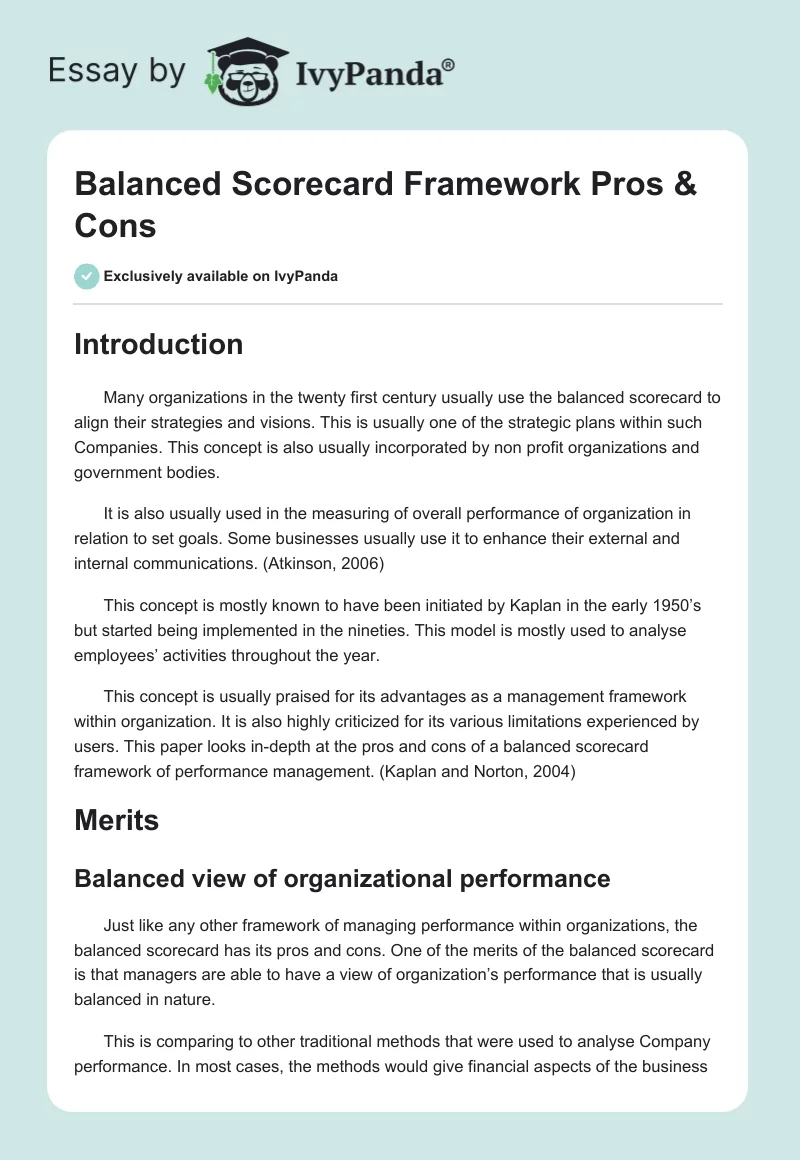 Balanced Scorecard Framework Pros & Cons. Page 1