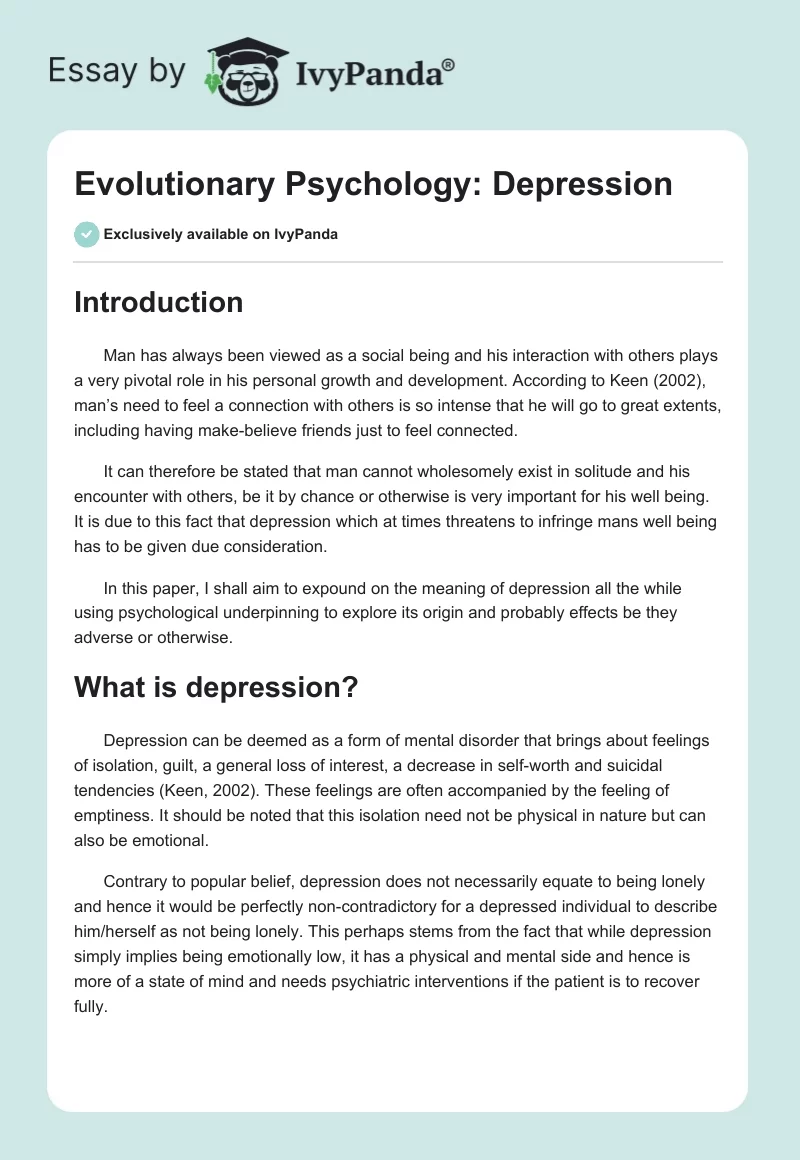 Evolutionary Psychology: Depression. Page 1