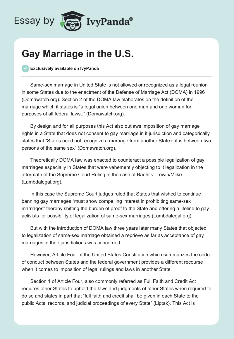 Gay Marriage in the U.S.. Page 1