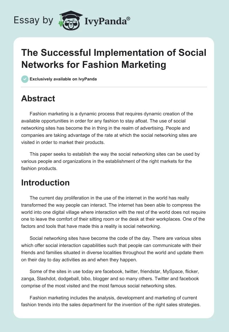 The Successful Implementation of Social Networks for Fashion Marketing. Page 1