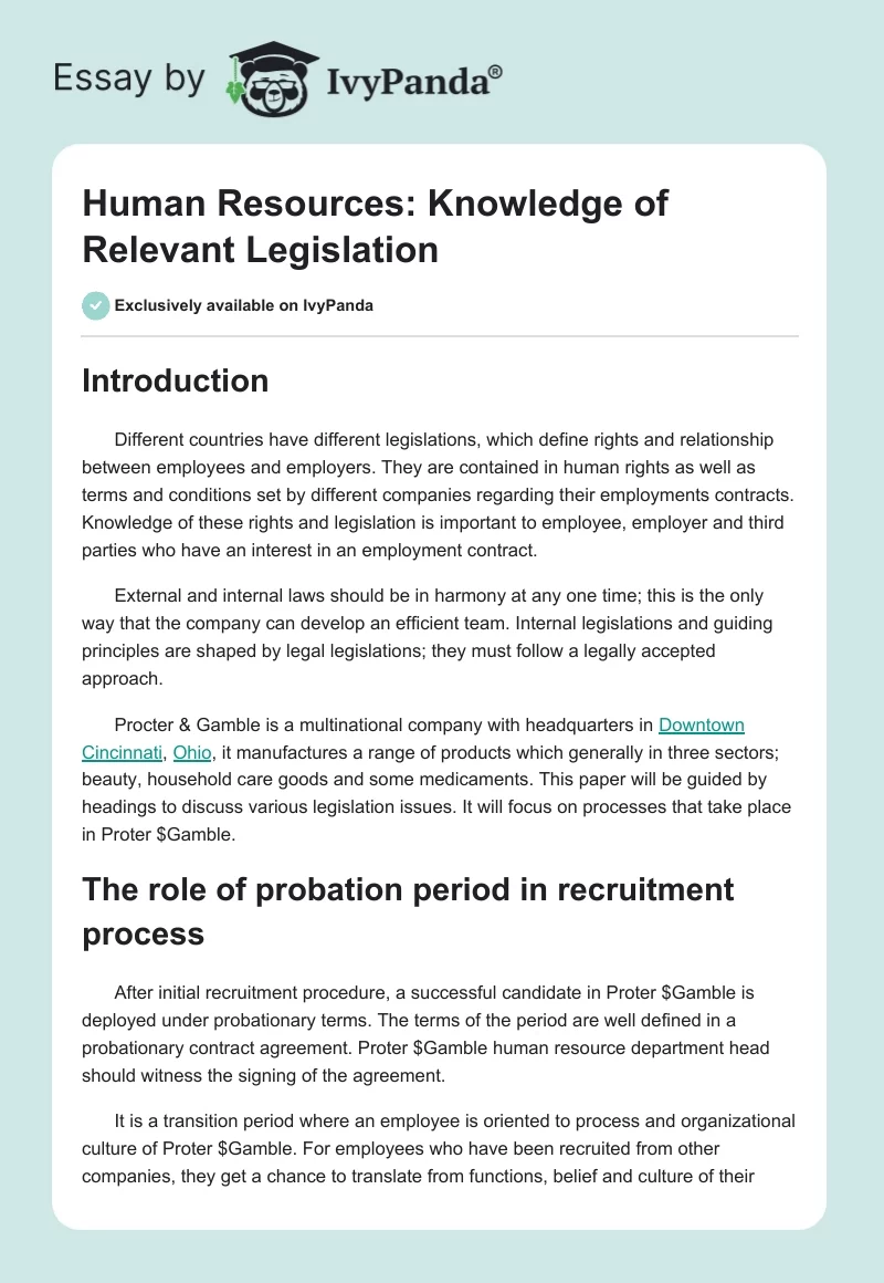 Human Resources: Knowledge of Relevant Legislation. Page 1