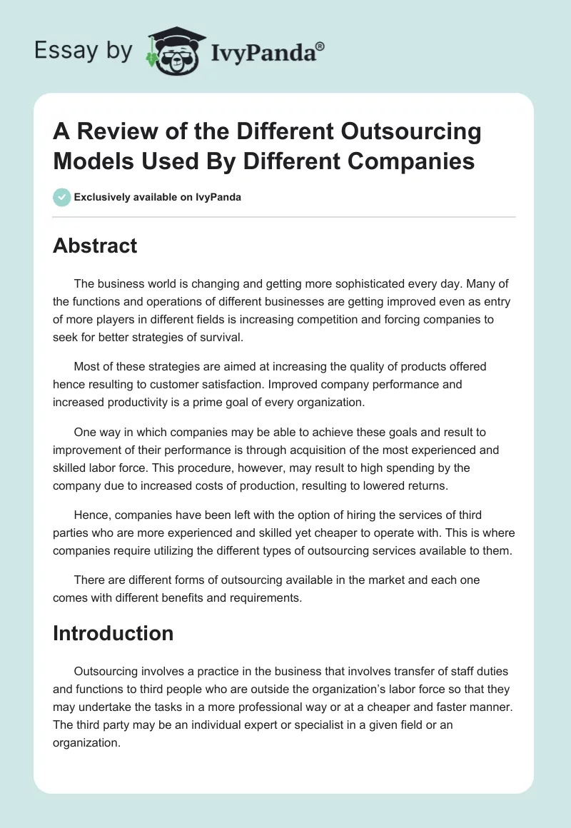 A Review of the Different Outsourcing Models Used By Different Companies. Page 1
