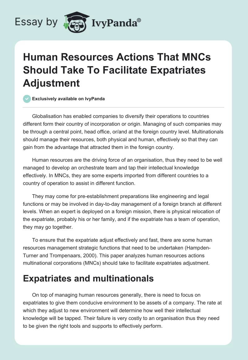 Human Resources Actions That MNCs Should Take To Facilitate Expatriates Adjustment. Page 1