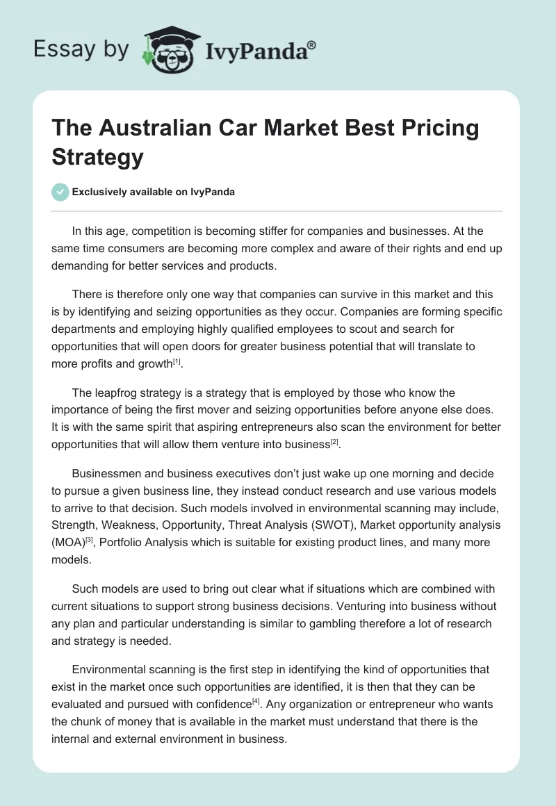 The Australian Car Market Best Pricing Strategy. Page 1