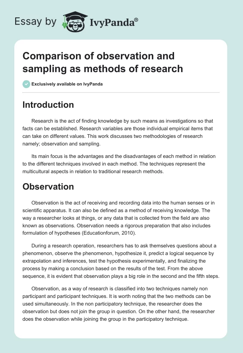 Comparison of observation and sampling as methods of research. Page 1
