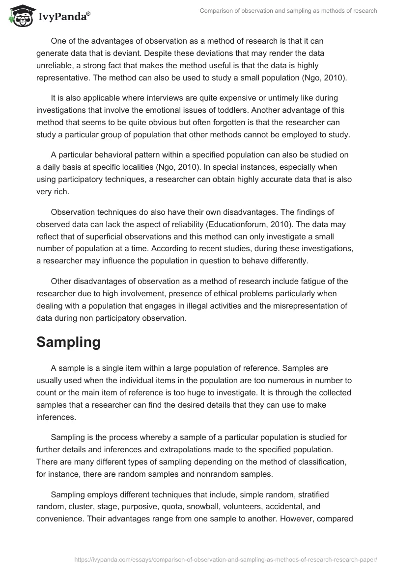 Comparison of observation and sampling as methods of research. Page 2