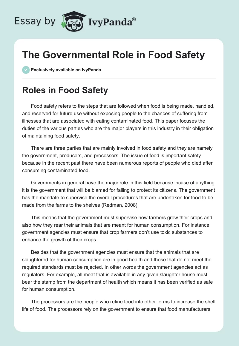 The Governmental Role in Food Safety. Page 1