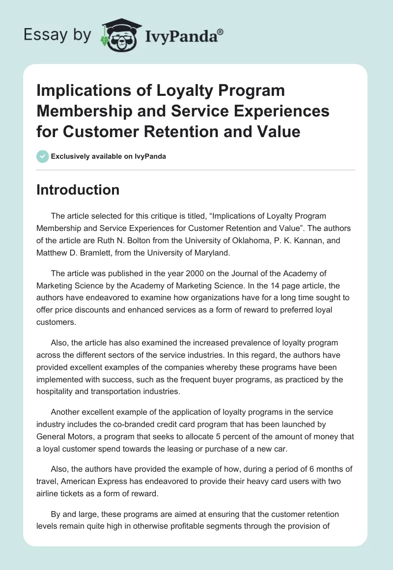Implications of Loyalty Program Membership and Service Experiences for Customer Retention and Value. Page 1