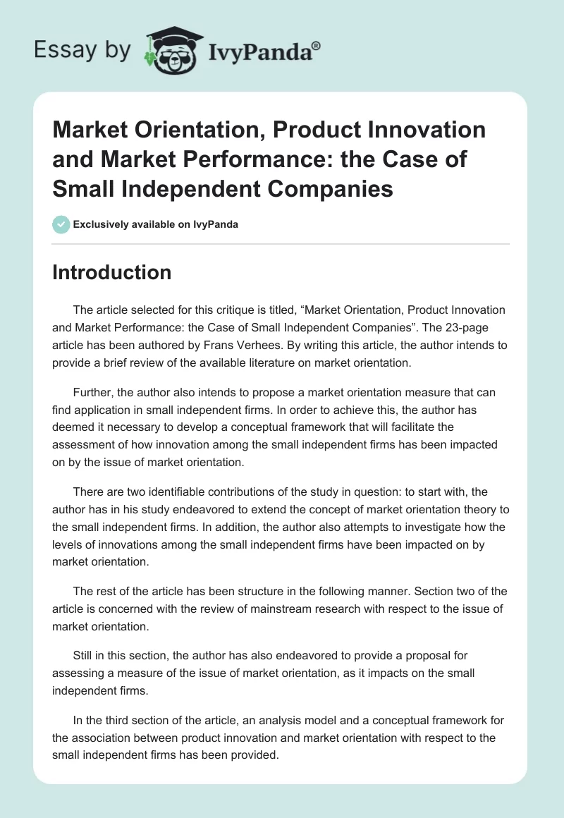 Market Orientation, Product Innovation and Market Performance: the Case of Small Independent Companies. Page 1