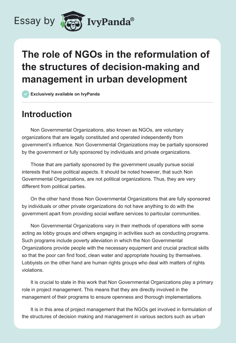 The role of NGOs in the reformulation of the structures of decision-making and management in urban development. Page 1