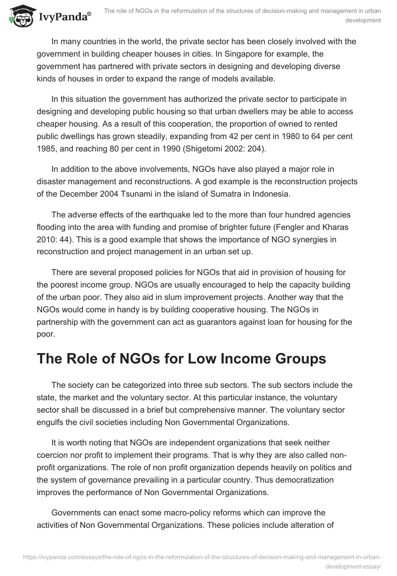 The role of NGOs in the reformulation of the structures of decision-making and management in urban development. Page 5