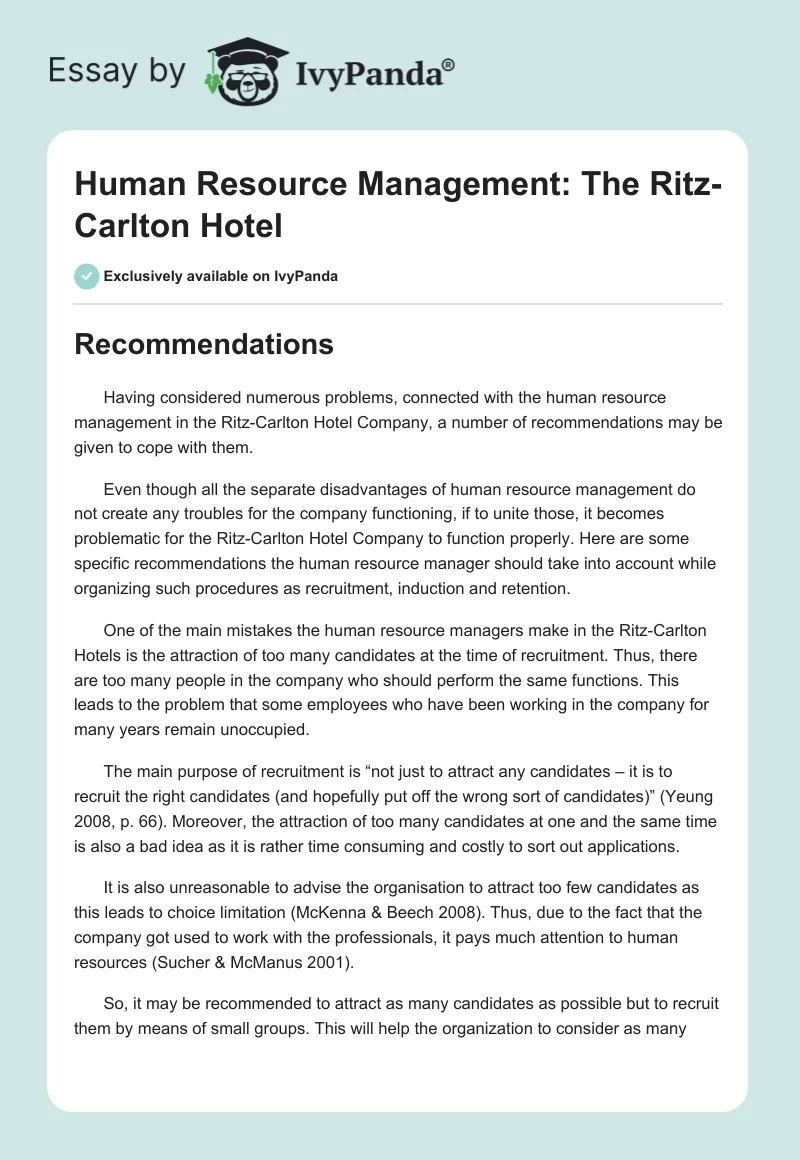 Human Resource Management: The Ritz-Carlton Hotel. Page 1