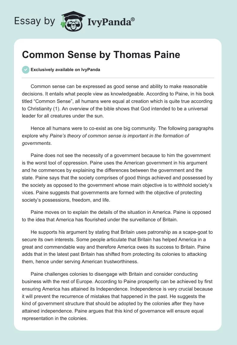 "Common Sense" by Thomas Paine. Page 1