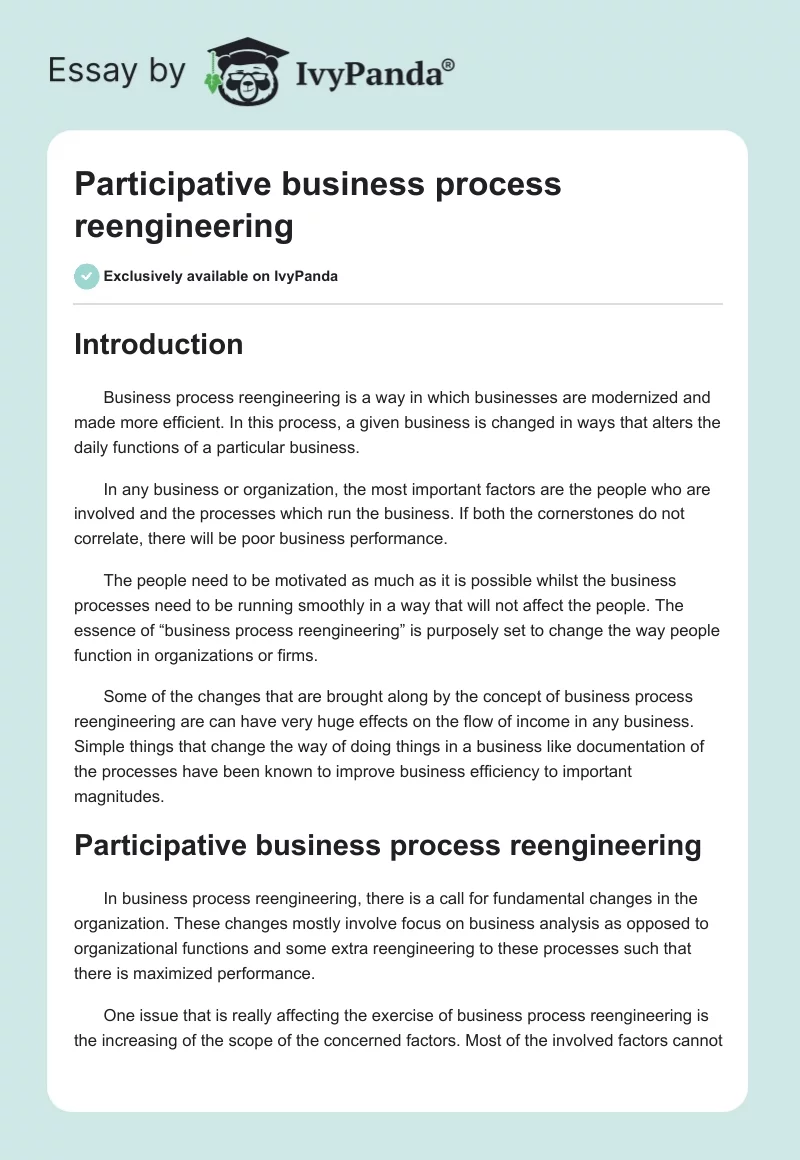 Participative business process reengineering. Page 1