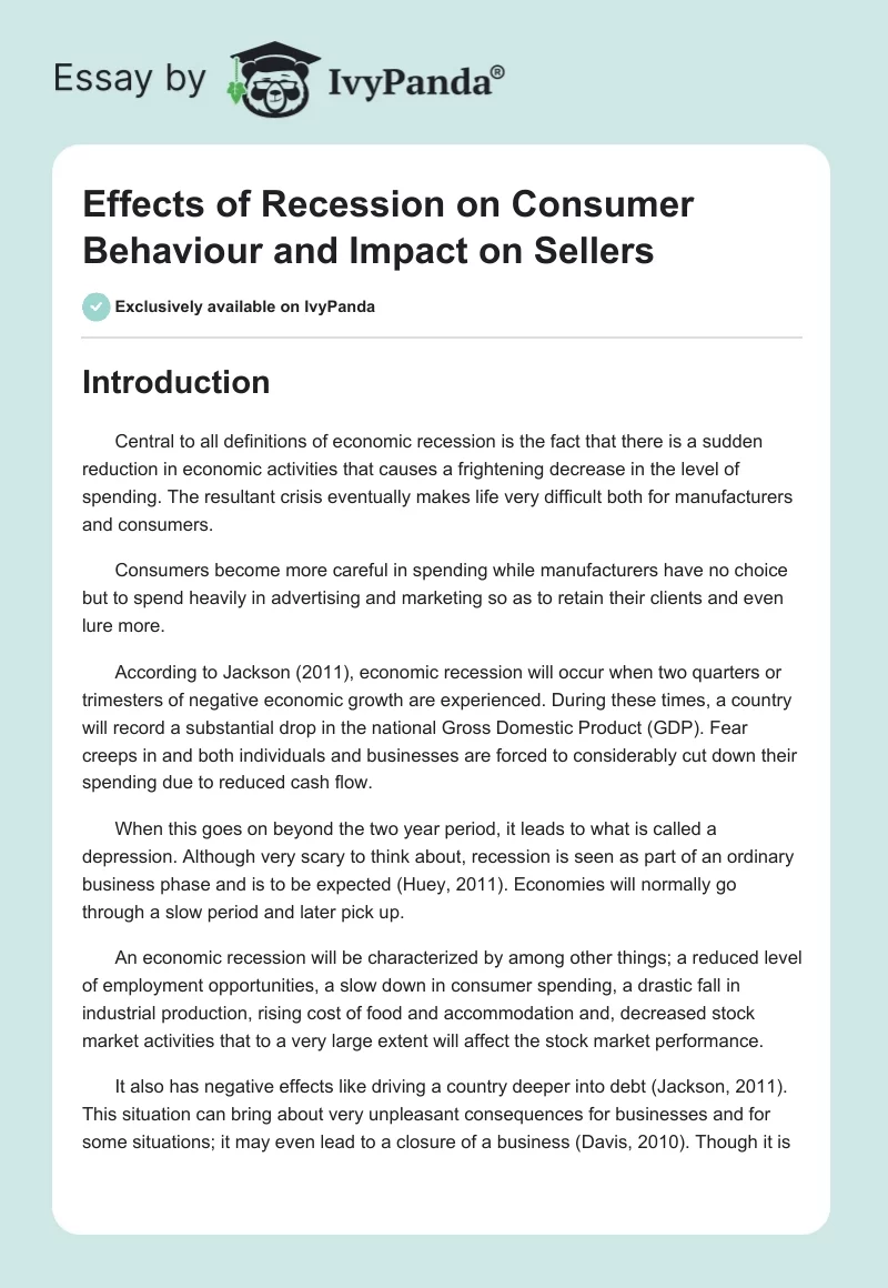 Effects of Recession on Consumer Behaviour and Impact on Sellers. Page 1