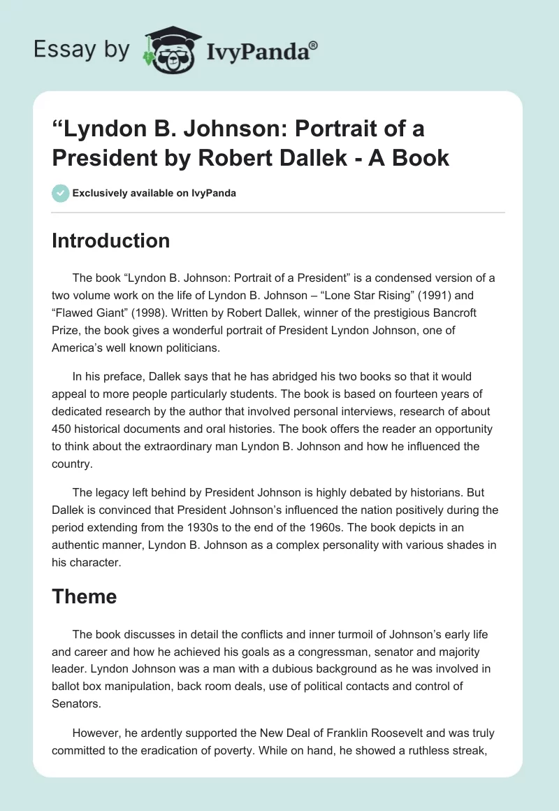 “Lyndon B. Johnson: Portrait of a President" by Robert Dallek - A Book. Page 1
