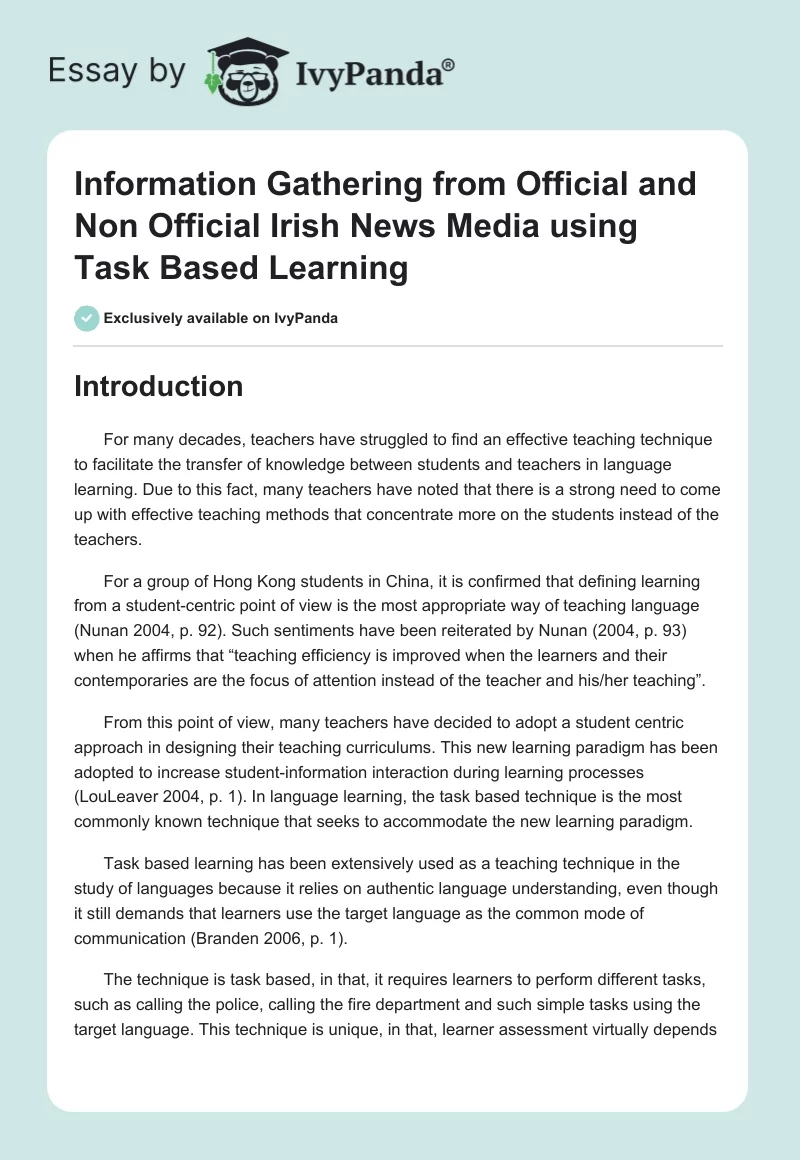 Information Gathering from Official and Non Official Irish News Media using Task Based Learning. Page 1