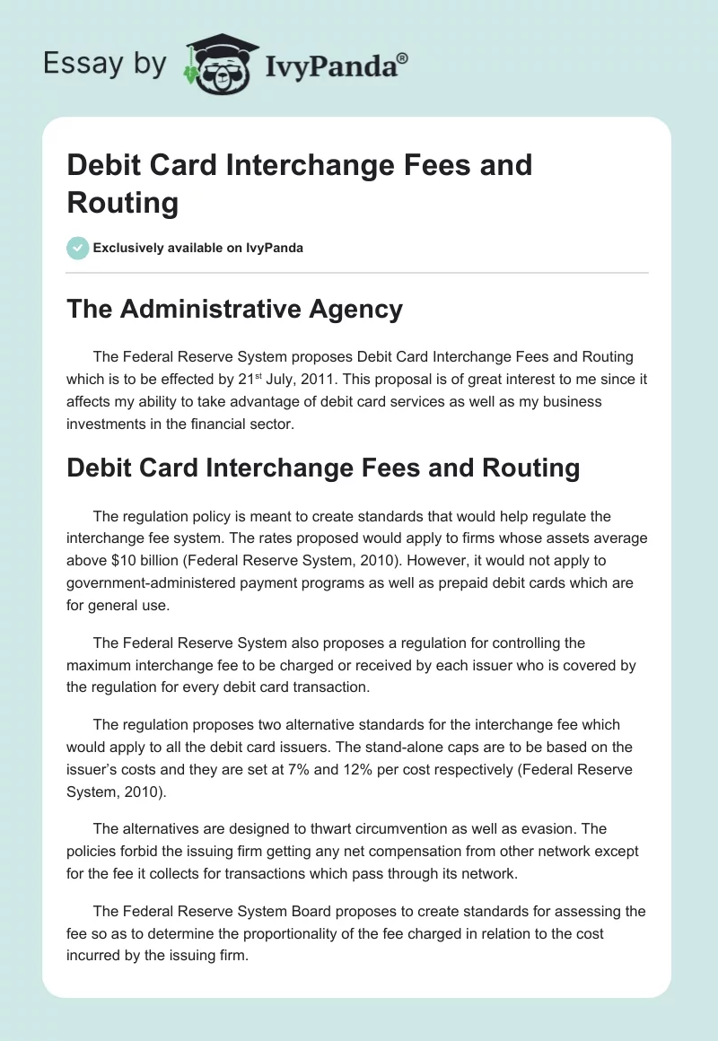 Debit Card Interchange Fees and Routing. Page 1
