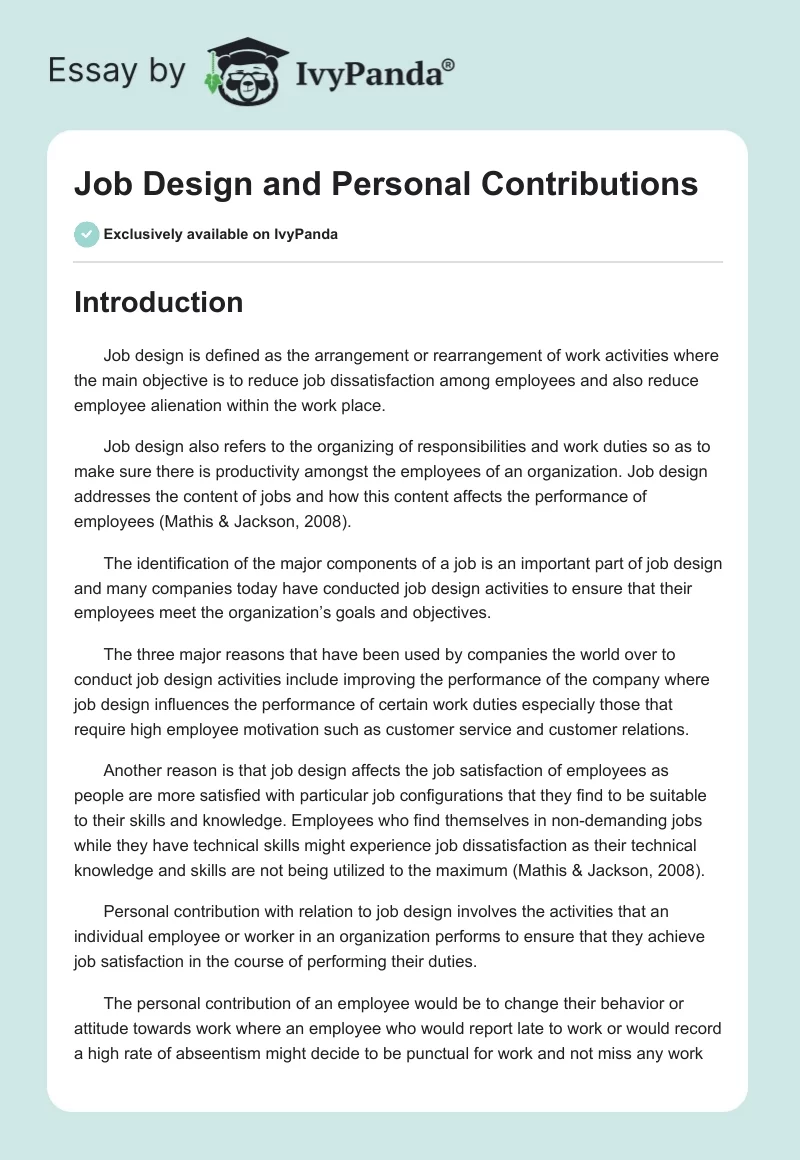 Job Design and Personal Contributions. Page 1