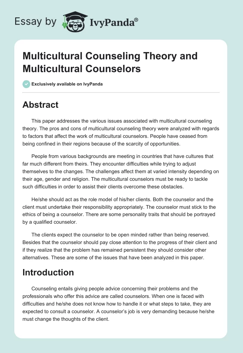 Multicultural Counseling Theory and Multicultural Counselors. Page 1