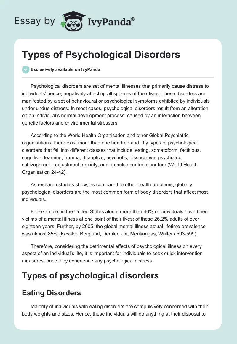 Types of Psychological Disorders. Page 1