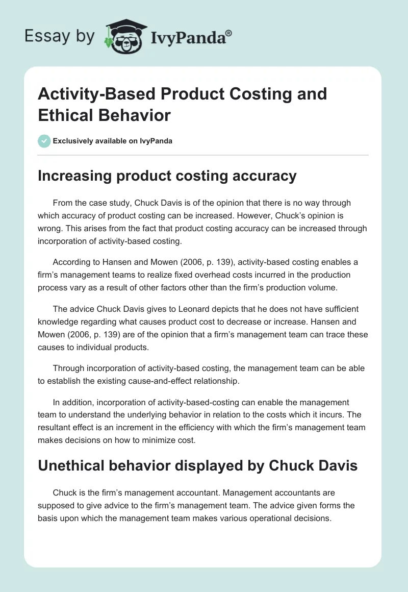 Activity-Based Product Costing and Ethical Behavior. Page 1